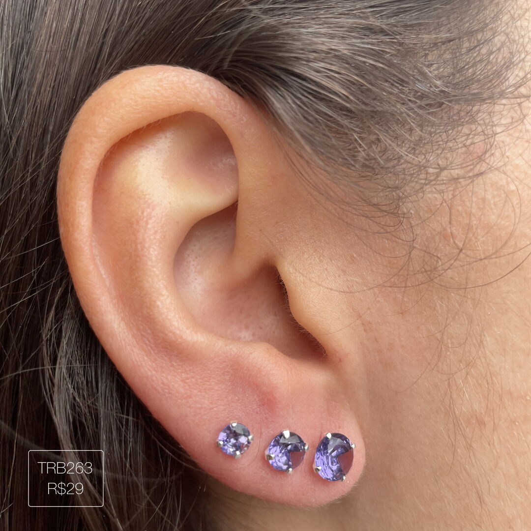 Trio de Brincos de Zircônia Roxa Prateado